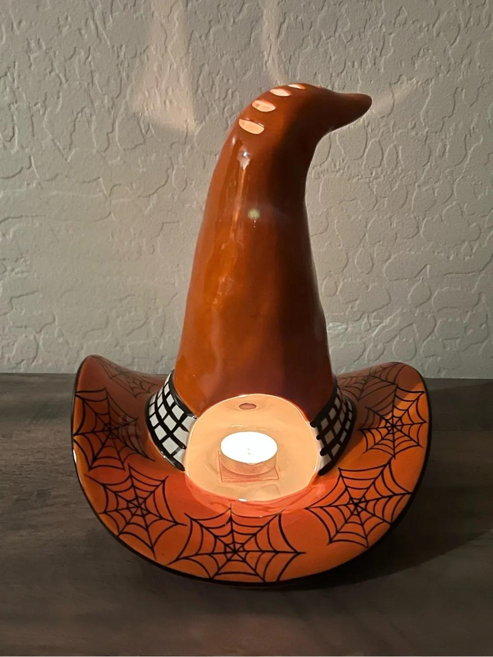 Blue Sky October 31 Orange Spider Web Witch Hat Ceramic Halloween Candle Holder